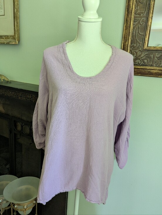 Oh My Gauze! Tops - Oh My Gauze Size 2 L/XL Lagenlook Lilac 3/4 Ruched Sleeve Tunic Top Cotton